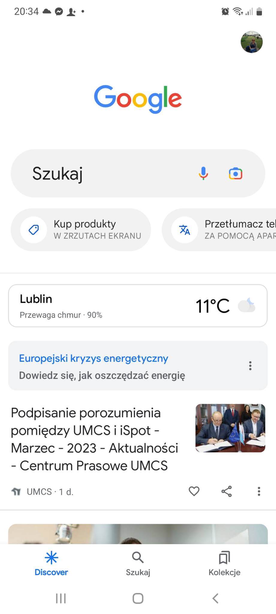 Strona główna Google Discover na urządzeniu mobilnym