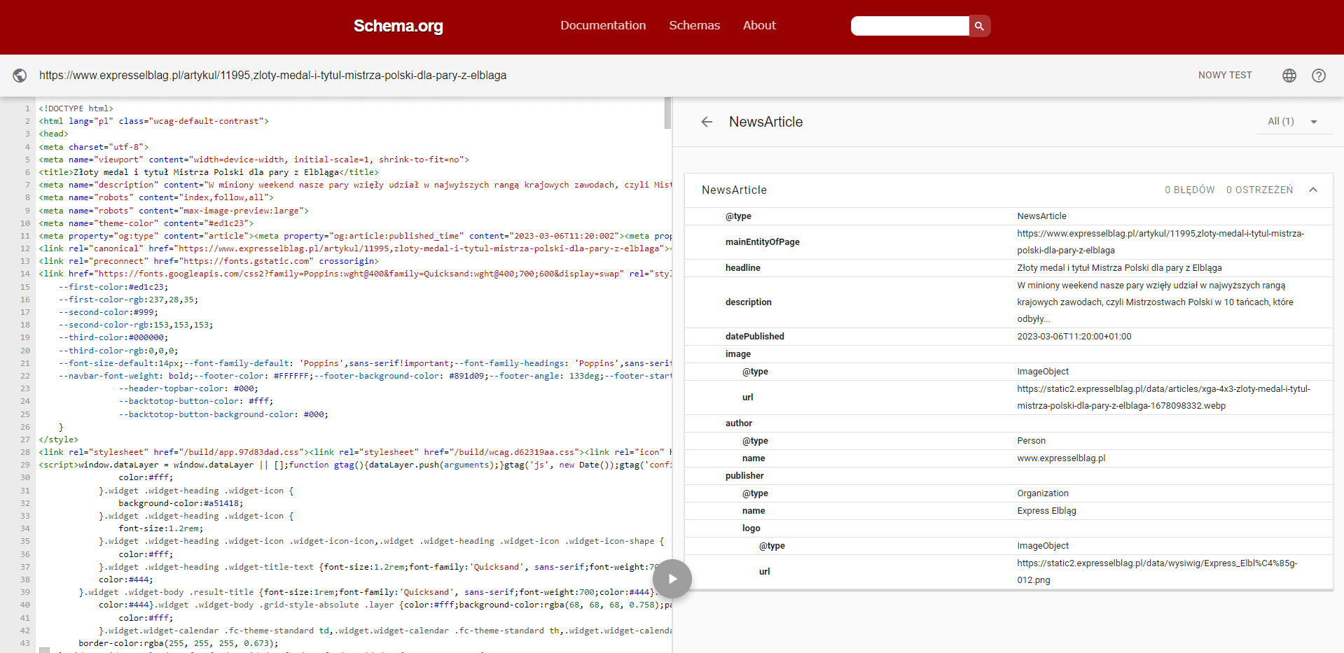 NewsArticle walidator znaczników schema.org