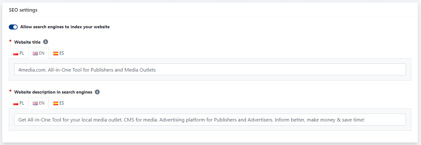 SEO settings in the general settings of CMS 4media