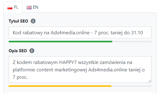 wizualny licznik liczby znaków wykorzystanych w tytule i opisie