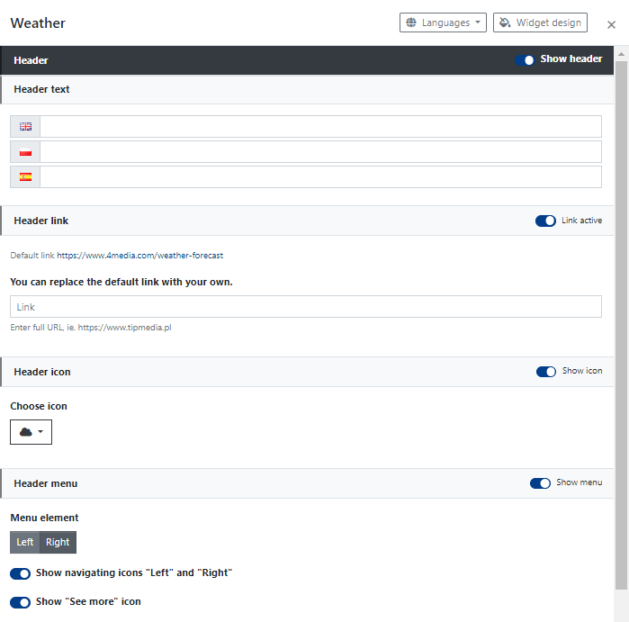 Header settings in Weather widget configuration.