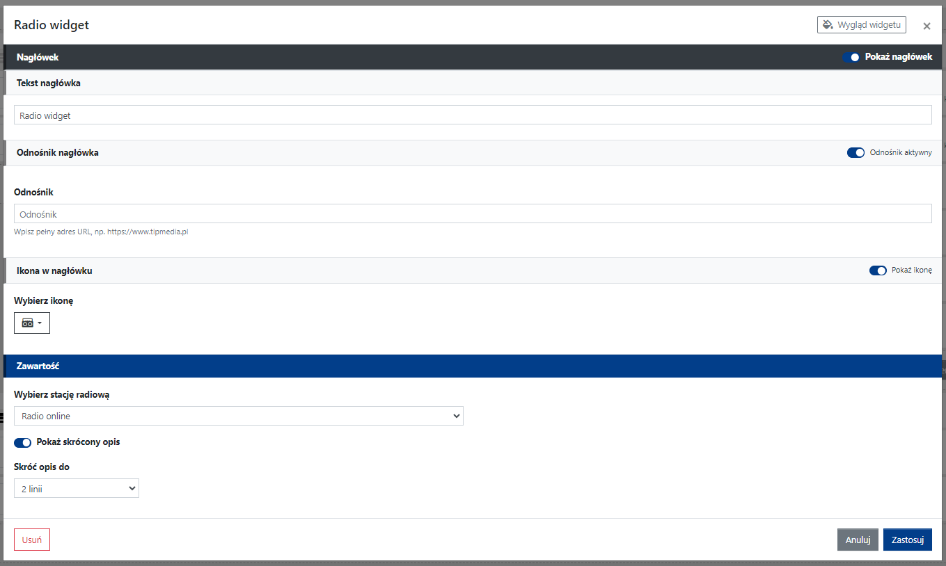 Konfiguracja statycznego widgetu radiowego w CMS 4media