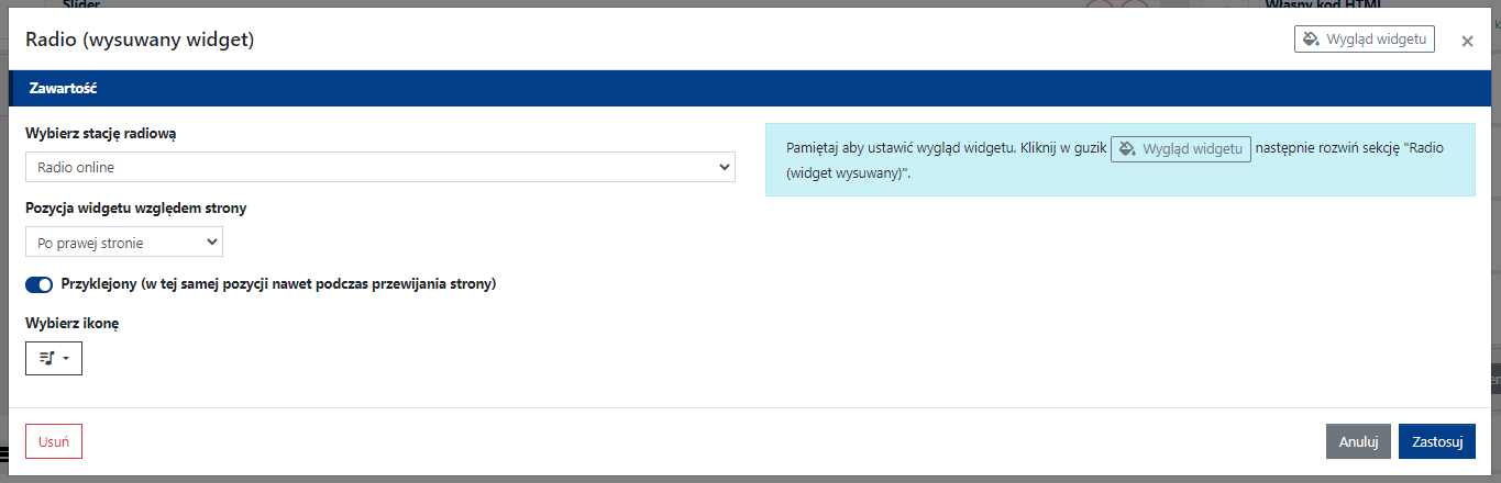 konfiguracja widgetu wysuwanego w CMS 4media