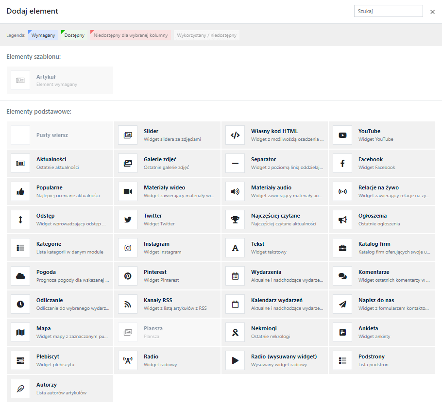 lista widgetów w CMS 4media