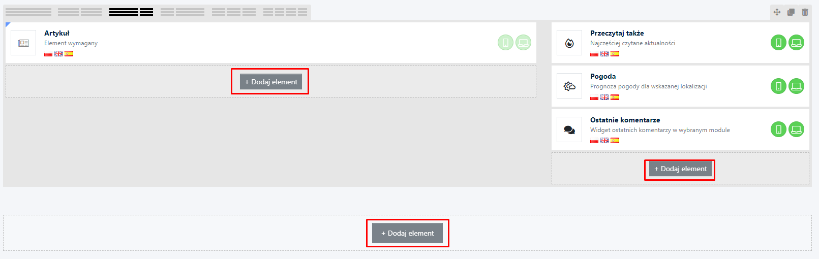 przyciski dodaj element w szablonach strony CMS 4media