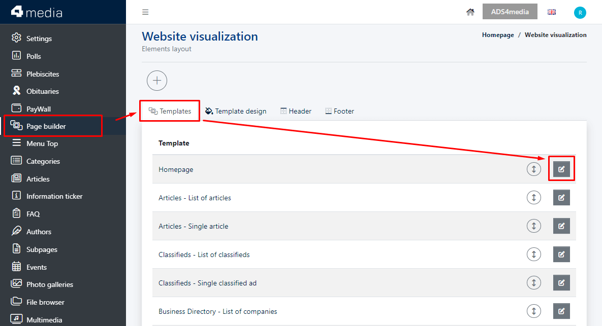 Editing page template in CMS 4media