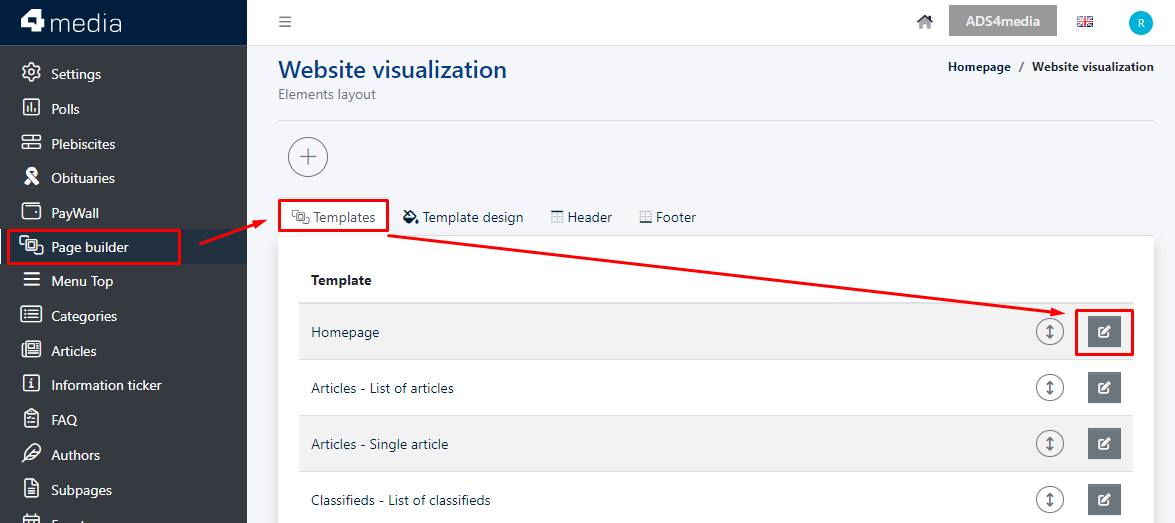 To edit the appearance of widgets, select the appropriate page template in page visualizations.