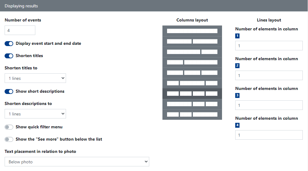 "Displaying results" section in the Events Widget.