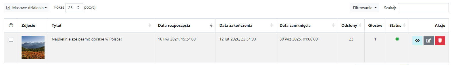 Moduł Ankiety. Widok listy z dodanymi ankietami w CMS 4media.