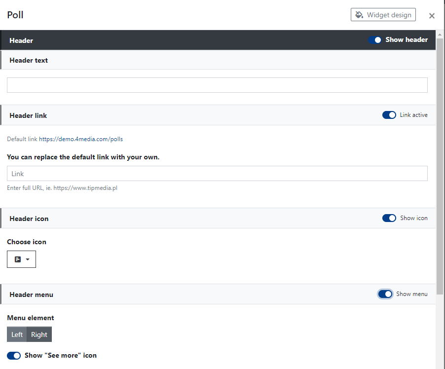 Poll Widget Header Settings.