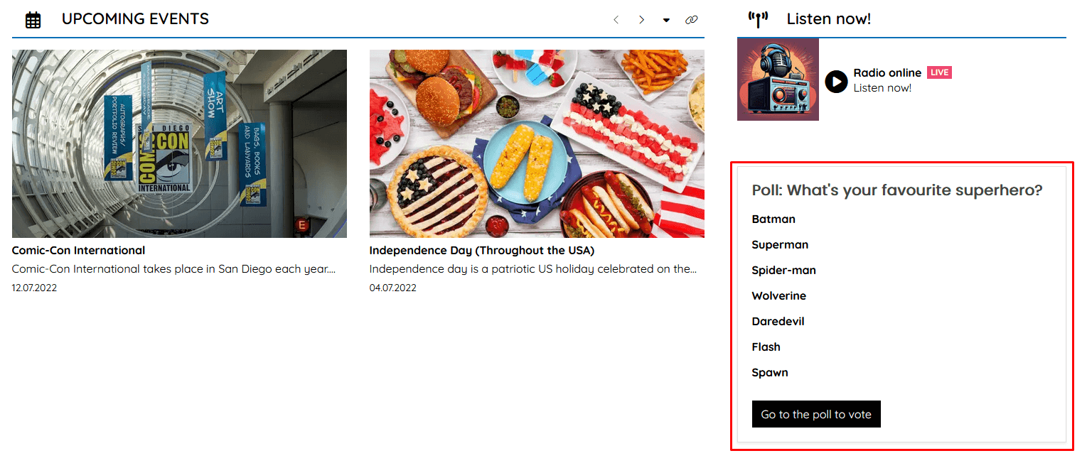 Poll Widget (highlighted with a red border). Placement in the sidebar section on the main page of the website: https://demo.4media.com/.