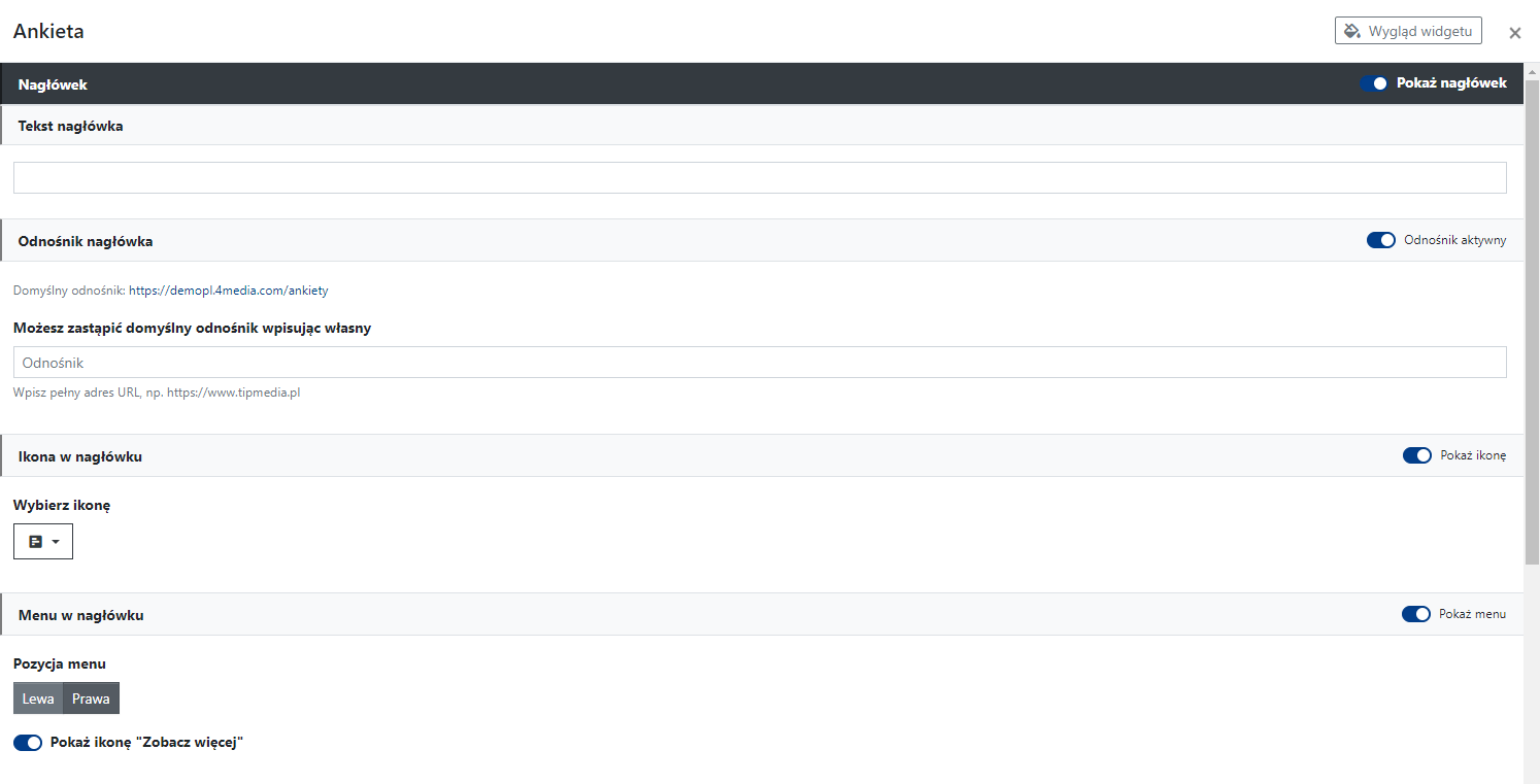 Ustawienia nagłówka widgetu Ankieta.