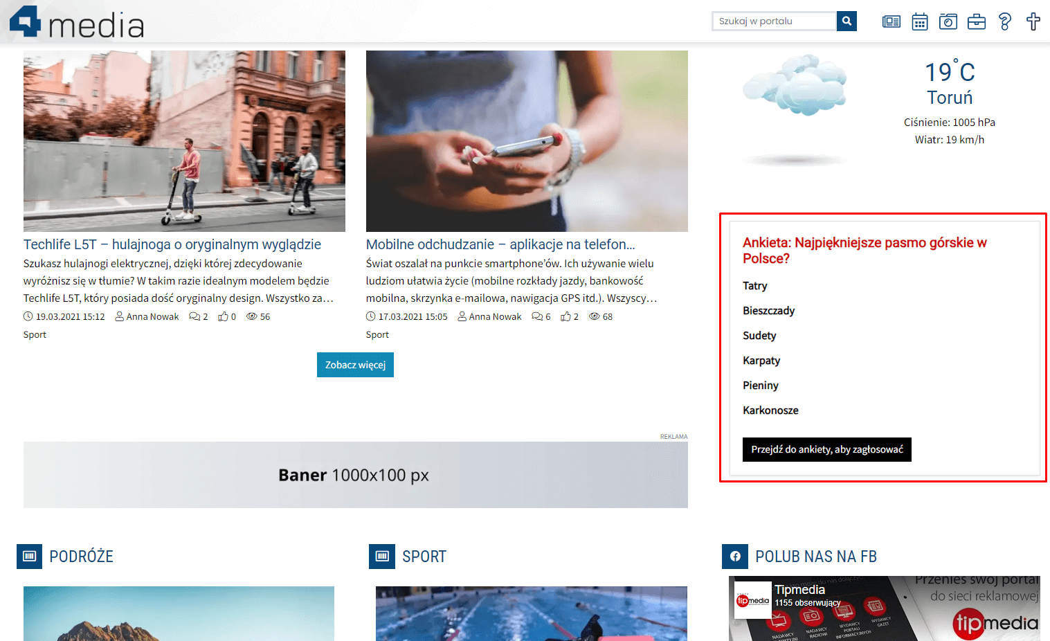 Widget Ankieta (zaznaczony czerwoną ramką). Umiejscowienie w sekcji bocznej na stronie głównej portalu