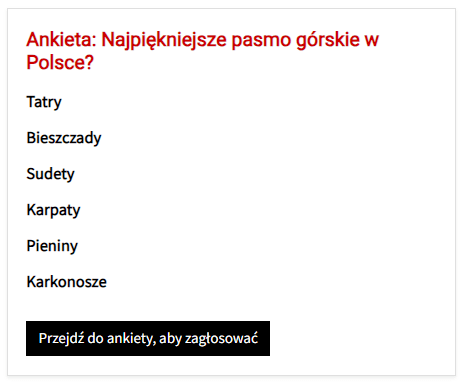 Widget Ankieta. Przykładowy wygląd w sekcji bocznej na stronie głównej portalu.