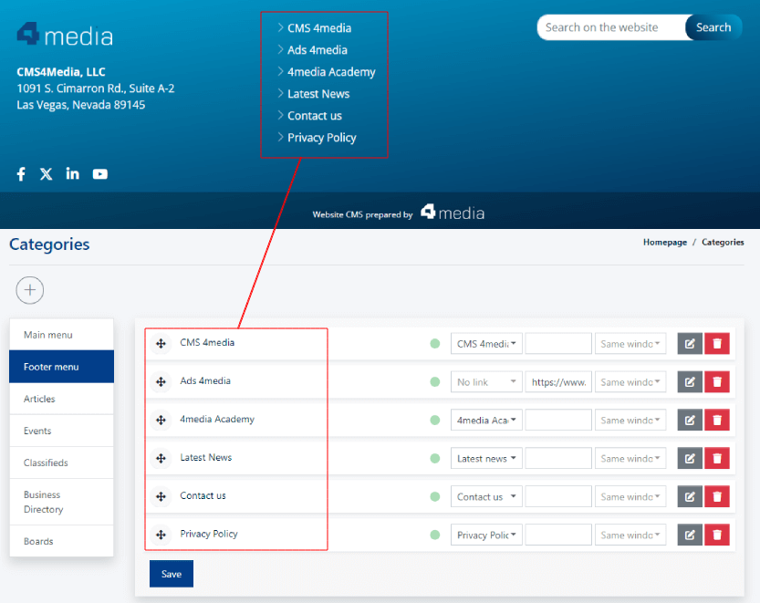 Footer Menu - front-end and administrative panel view