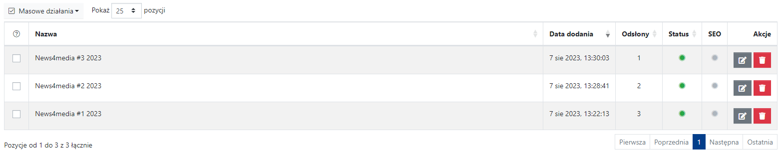 Lista dodanych publikacji w module E-wydania.