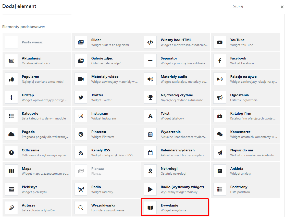 Widget E-wydanie znajdziesz w bibliotece widgetów po kliknięciu w przycisk “+ Dodaj element”.