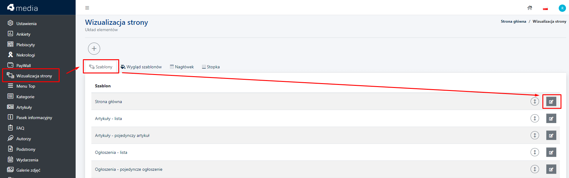 Dodawanie widgetu do szablonów strony w Wizualizacji strony.