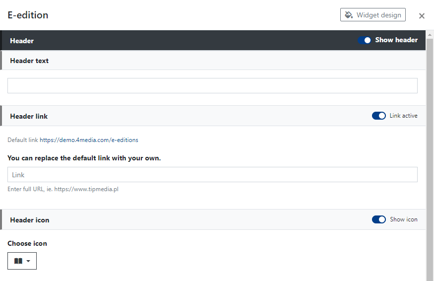 E-edition widget header settings.