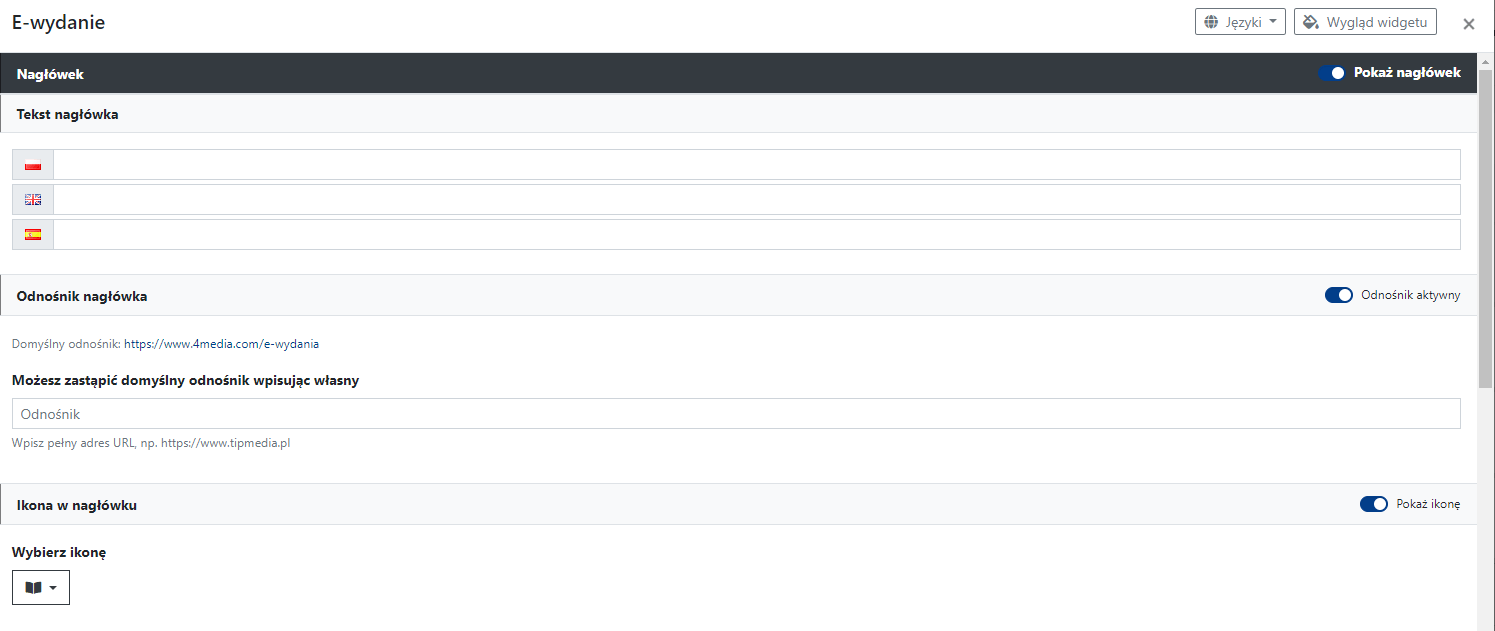 Ustawienia nagłówka widgetu E-wydanie.