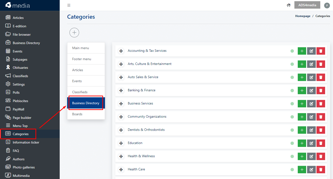 You can check, edit and add new categories for Business Directory in the Categories module.