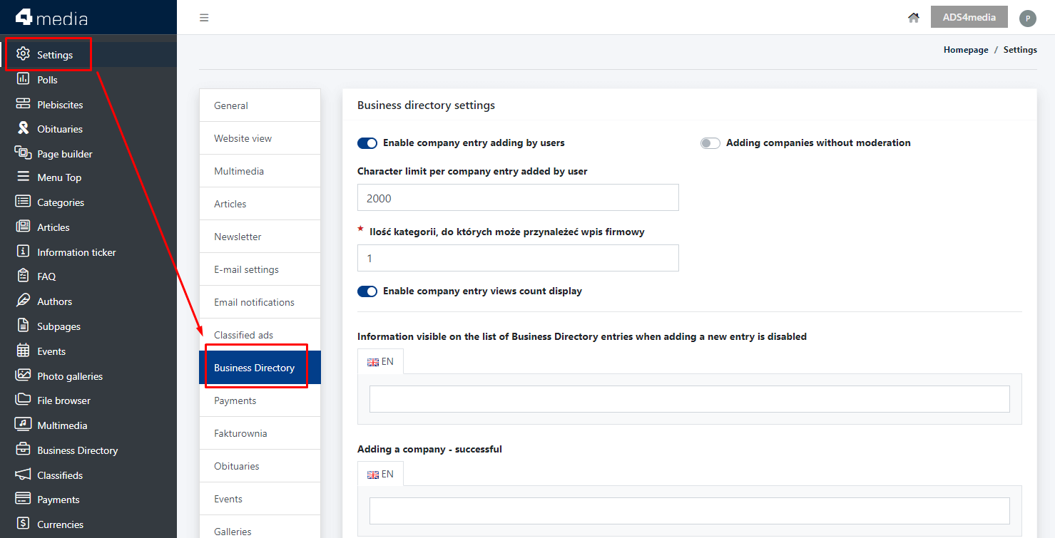 Global Settings for Business Directory in admin panel.