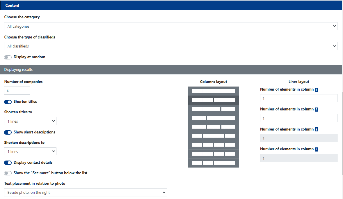 Content Settings in the Business Directory Widget.