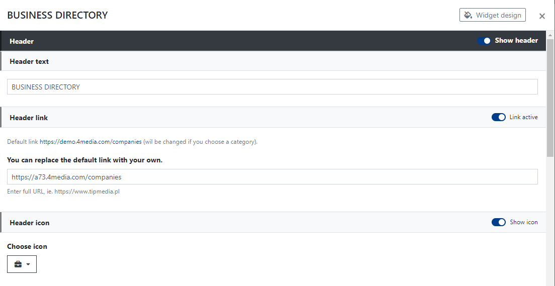 Header Settings in the Business Directory Widget.