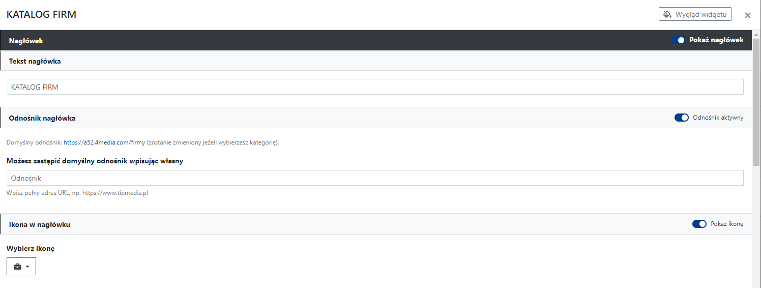 ustawienia nagłówka widgetu katalog firm
