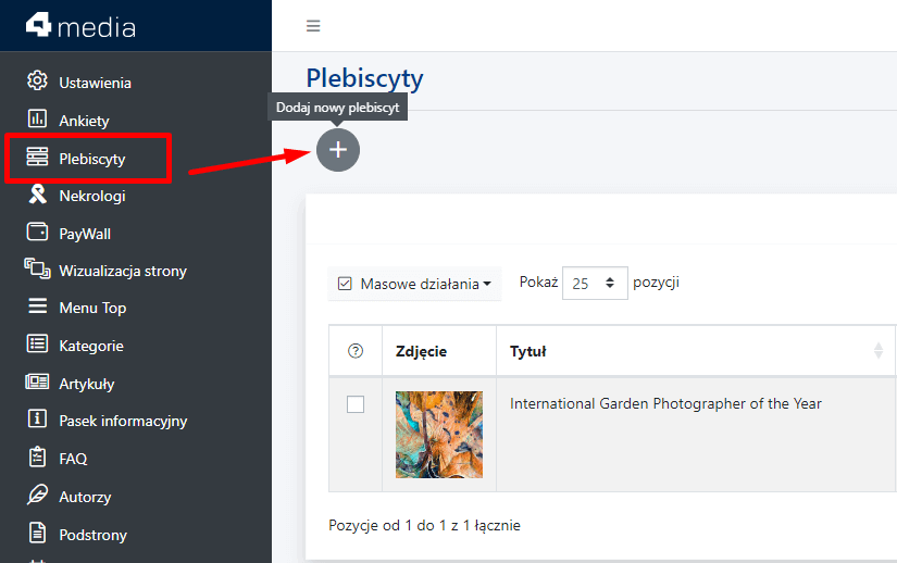 Przycisk “Dodaj nowy plebiscyt” w module Plebiscyty przenosi do kreatora nowego plebiscytu.