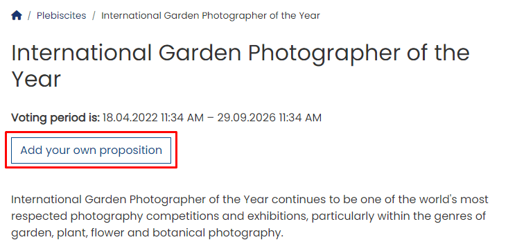 The "Add Your Proposition" button allows users to add their propositions to the plebiscite.