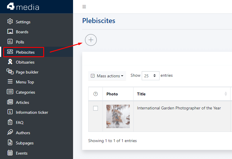 The "Add a New Plebiscite" button in the Plebiscites module takes you to the new plebiscite creator..