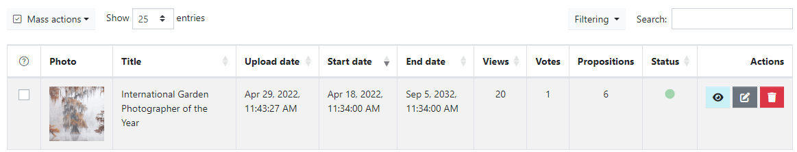 The Plebiscites module displays a list of created plebiscites with additional options and information.