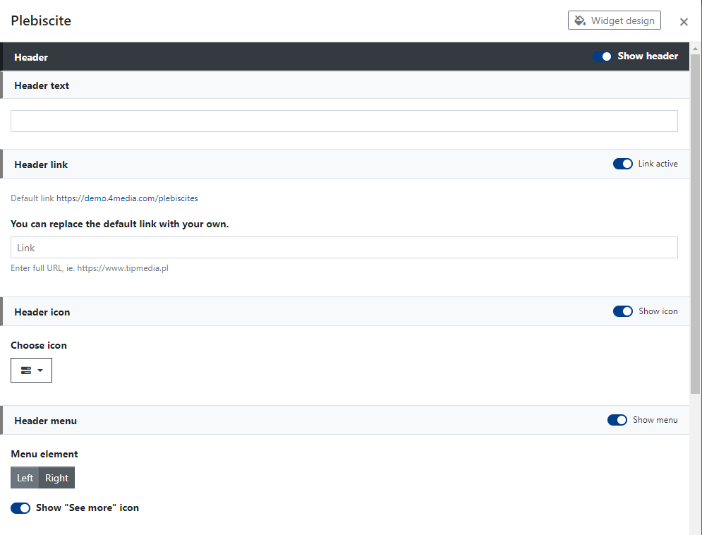 Plebiscite Widget Header Settings.