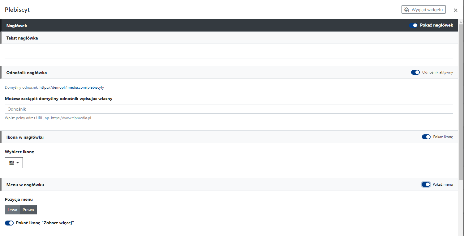 Ustawienia nagłówka widget Plebiscyt.