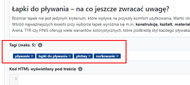 Pole na dodawanie tagów do artykułu w trakcie jego edycji w CMS 4media