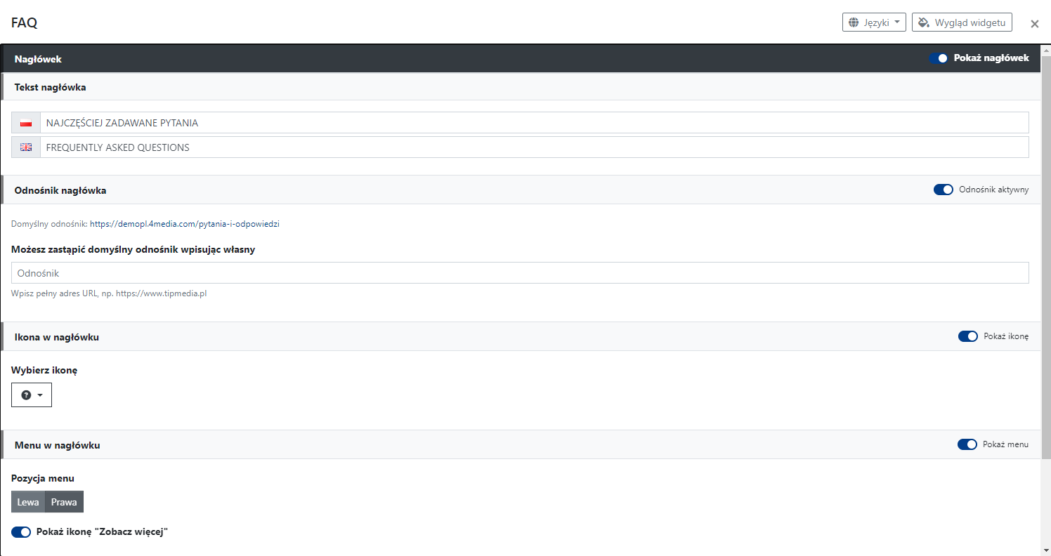 widget FAQ ustawienia nagłówka