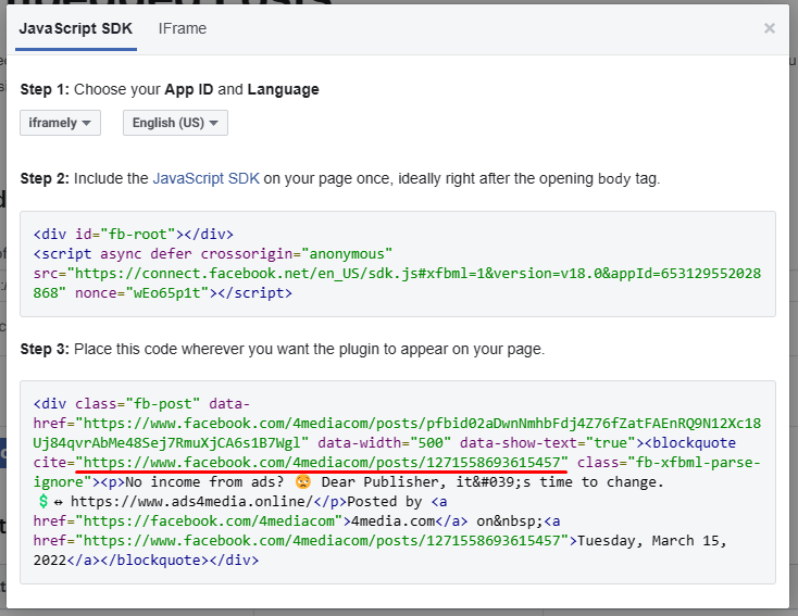 Window with HTML code for embedding a Facebook post. The post URL containing the ID number is highlighted with a red line