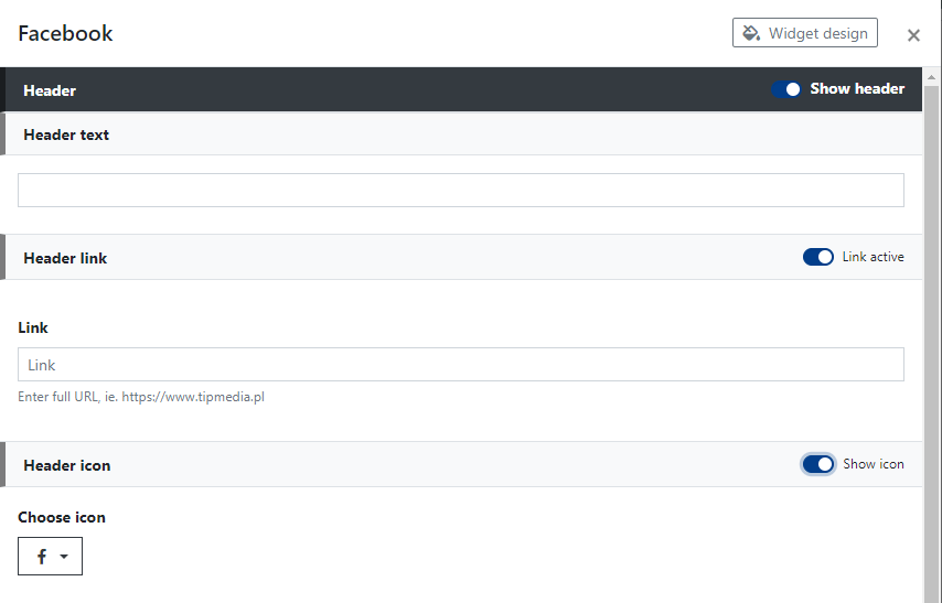 Facebook Widget Header Settings
