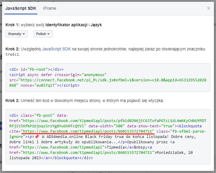 Okno z kodem HTML do embedowania posta na Facebooku. Adres URL posta zawierający nr ID został podkreślony czerwoną linią