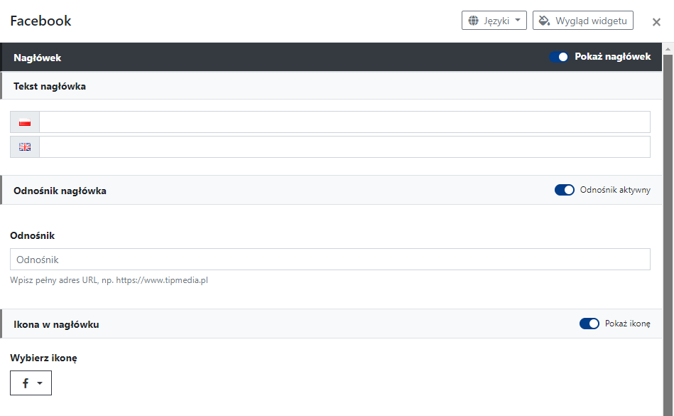 Ustawienia nagłówka widgetu Facebook