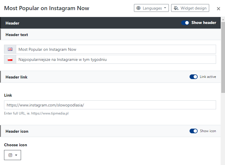 Instagram Widget Header Settings