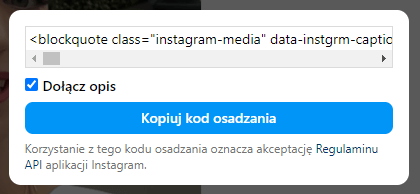 Okno z gotowym kodem html do osadzania posta na stronie internetowej