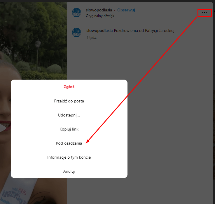 Kod osadzania posta na Instagramie
