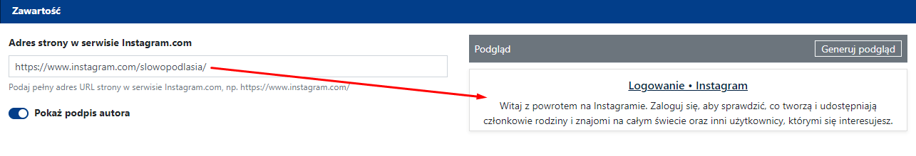 Tak będzie wyglądał widget, jeśli będziesz próbować w nim osadzić link do strony głównej Twojego profilu na Instagramie