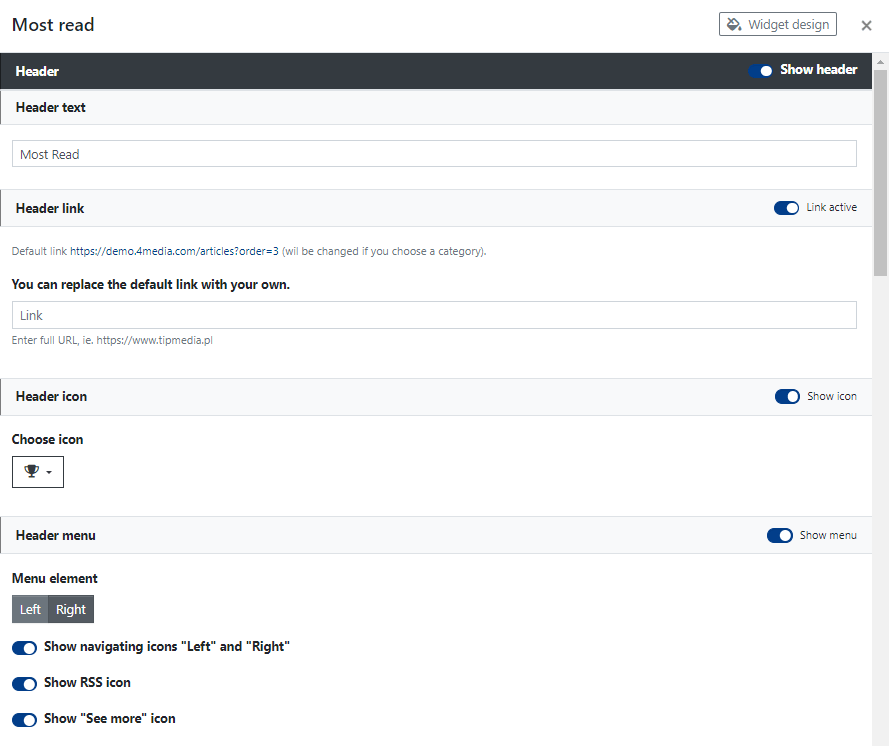 Header settings for the Most read widget.