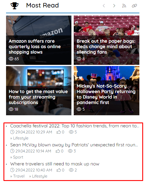 Most read widget with the display of remaining articles (in the red frame).