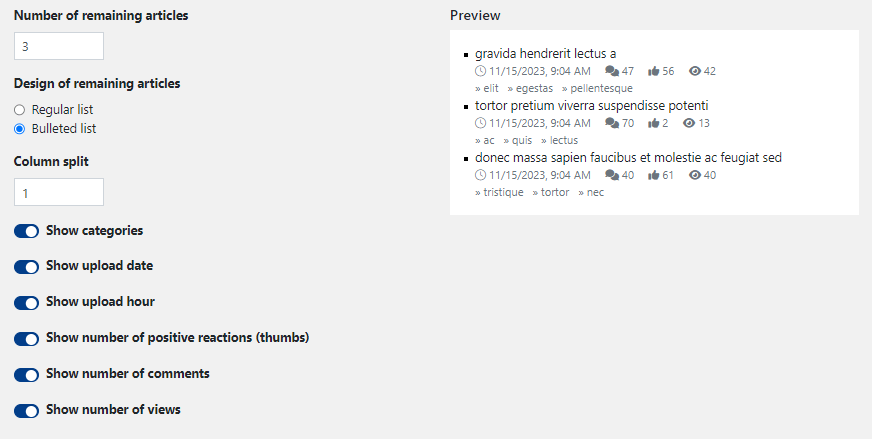 Settings available for "Show remaining articles list" in the Most read widget.