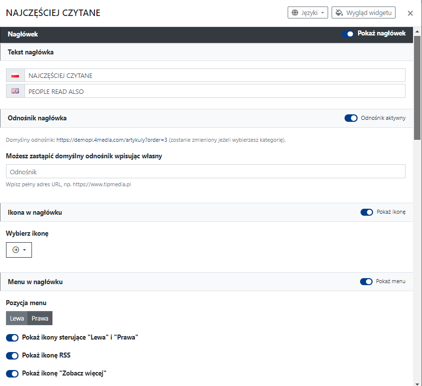 Ustawienia nagłówka widgetu Najczęściej czytane.