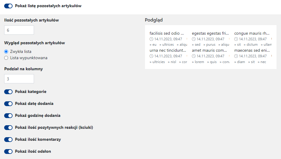 Ustawienia dostępne dla “Pokaż listę pozostałych artykułów” w widgecie Najczęściej czytane.